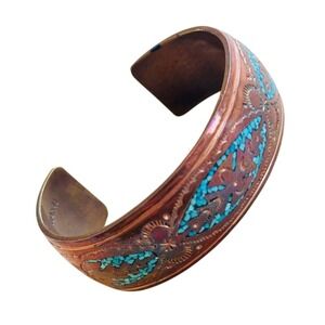 VTG Nakai Navajo Copper Turquoise Cuff Bracelet Statement Boho Retro 70s Etched